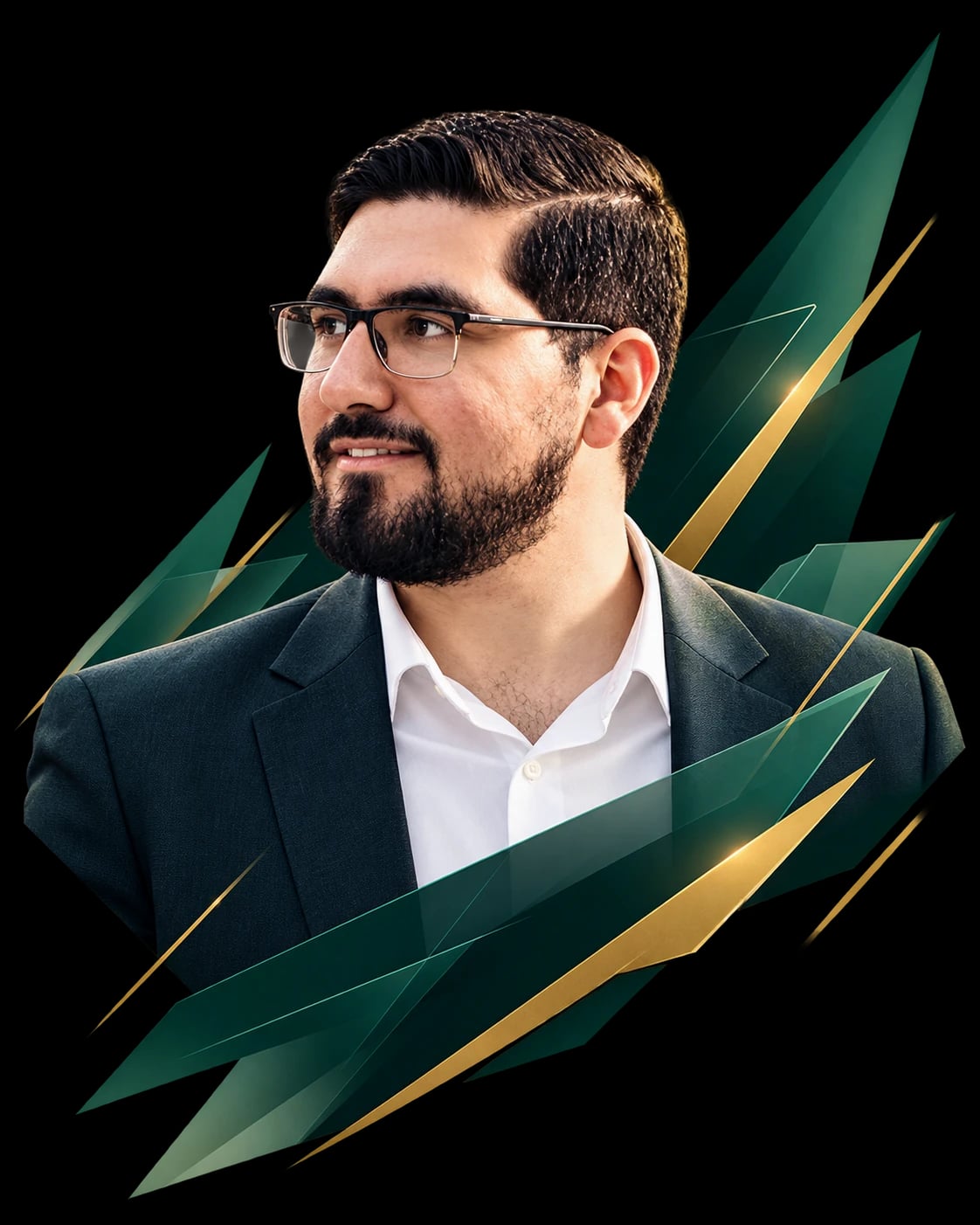 پرتره‌ی محمد علی اسلامی‌پور با کت تیره و پیراهن سفید، روی ترکیبی از سطوح سبز زمردی و خطوط طلایی