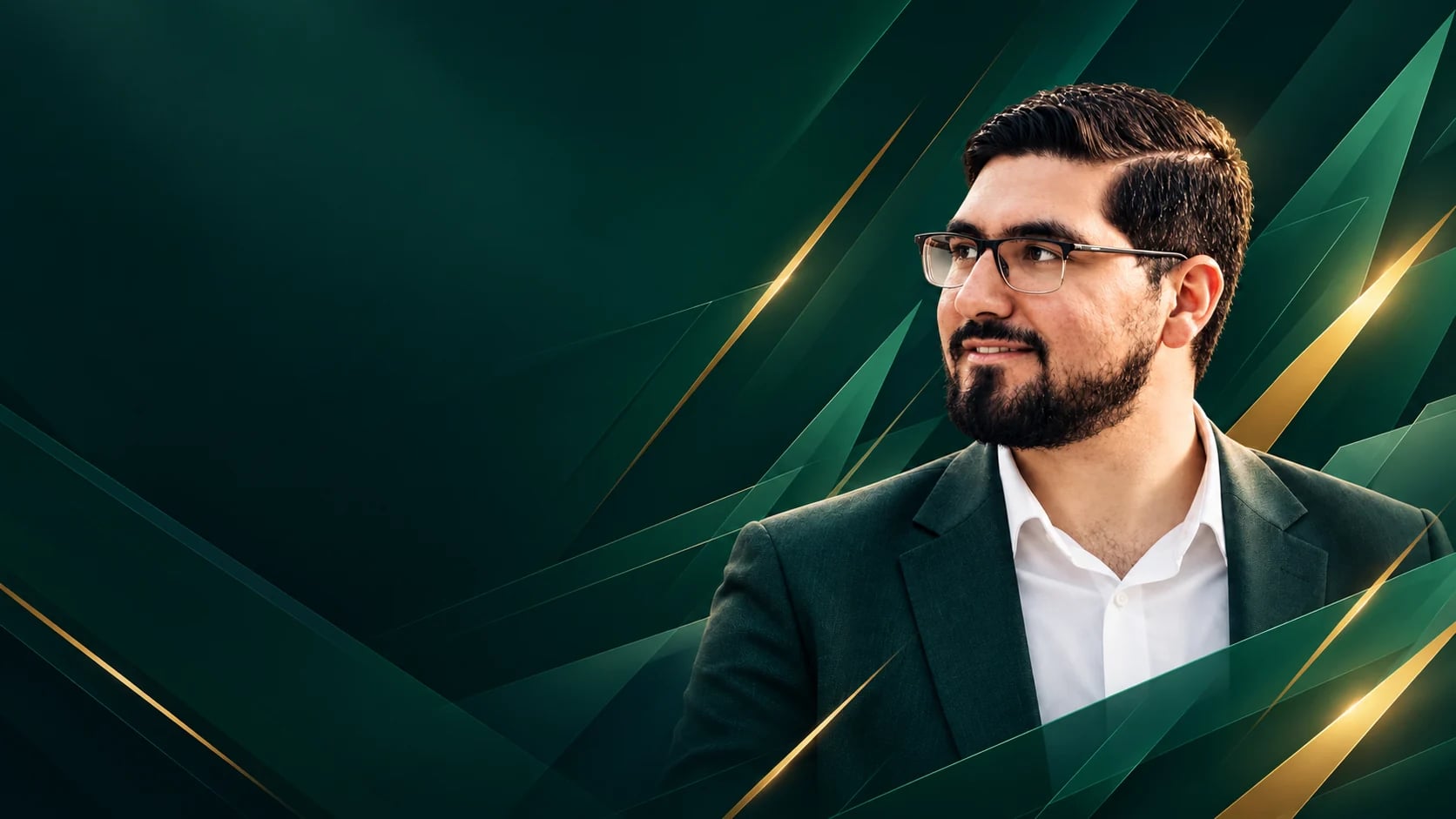 Mohammad Ali Eslamipour in glasses and a dark jacket, looking towards the text, among dark green planes and gold lines